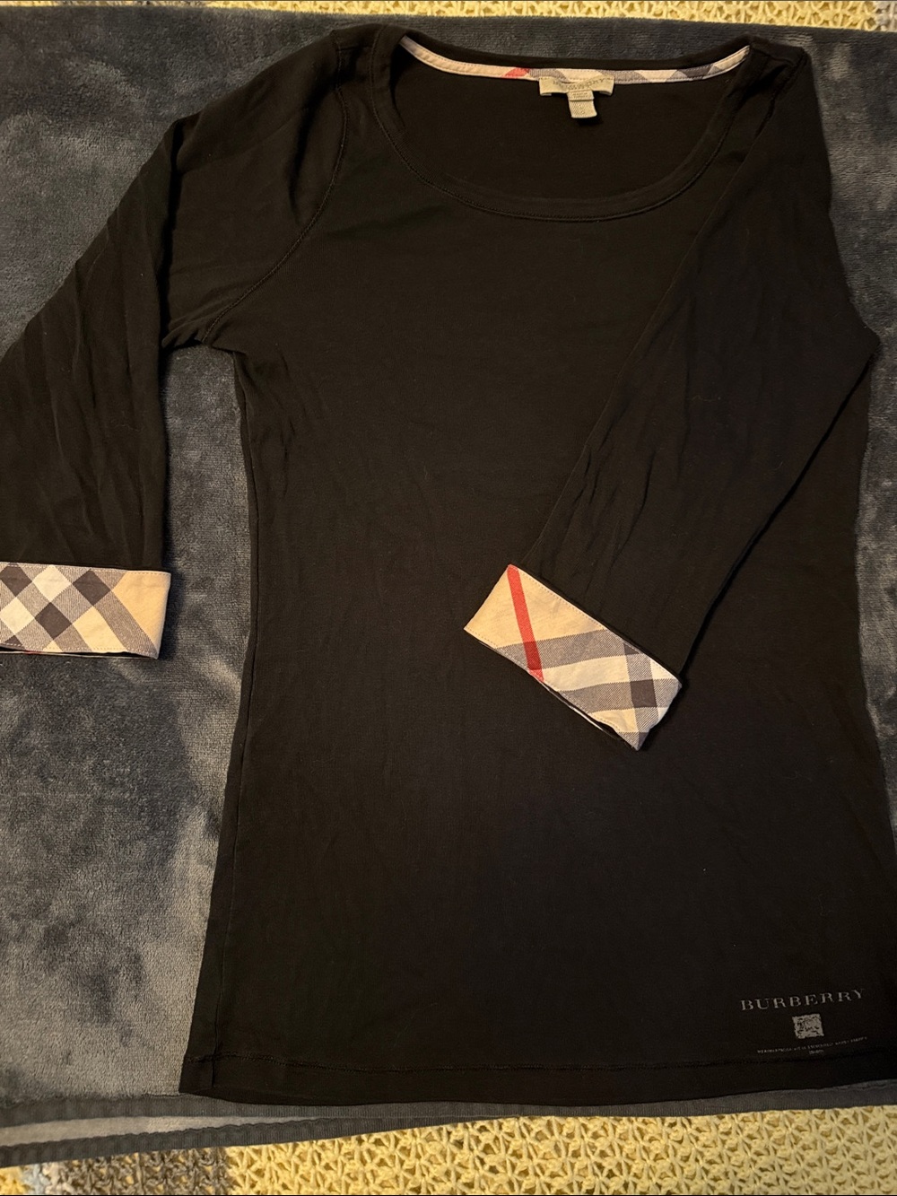 Burberry Black Long-Sleeve Tee with Signature Check Cuff Detail